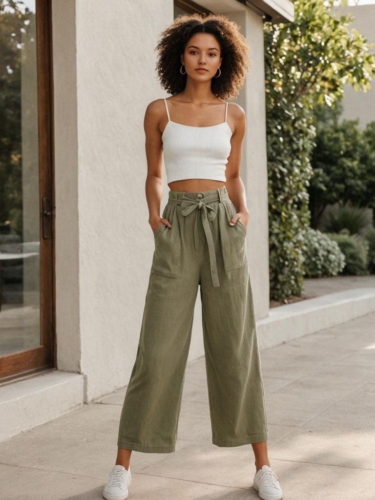 Confident Woman in Stylish Outfit Outside Modern Building