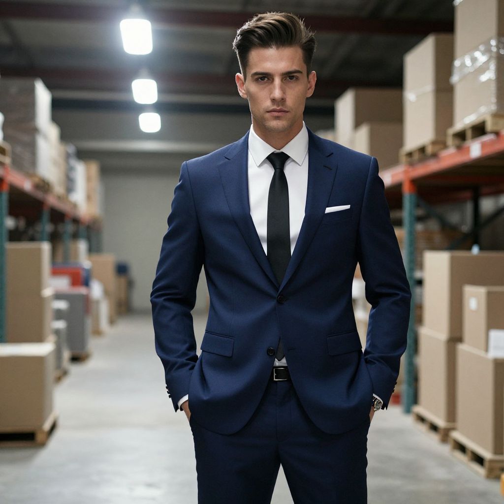 Confident Man in Navy Blue Suit Standing in Warehouse Aisle