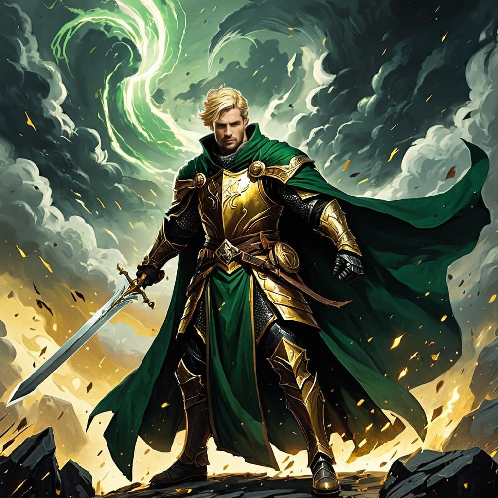Epic Fantasy Warrior in Golden Armor with Green Cape Holding Sword