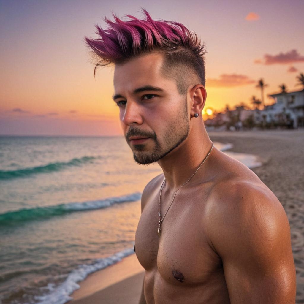 Confident Man with Pink Hair at Sunset Beach