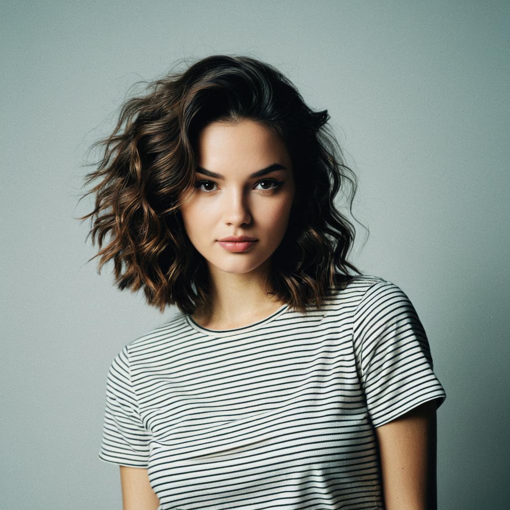 Young Woman with Curly Hair in Striped T-Shirt Studio Portrait
