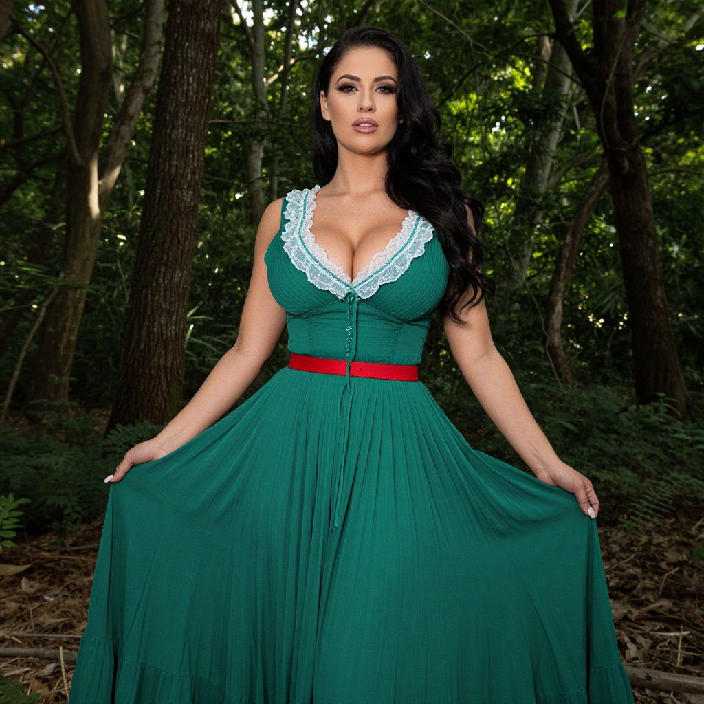 Woman in Vintage Green Dress with Red Belt in Forest