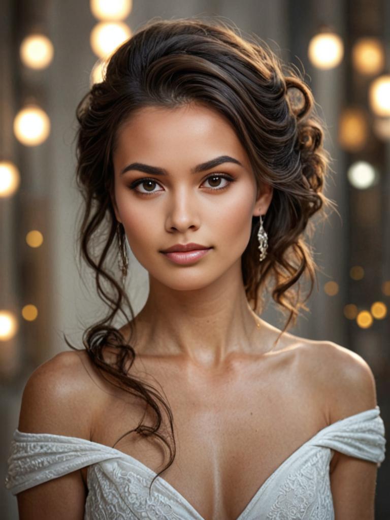 Elegant woman in off-the-shoulder gown with bokeh background