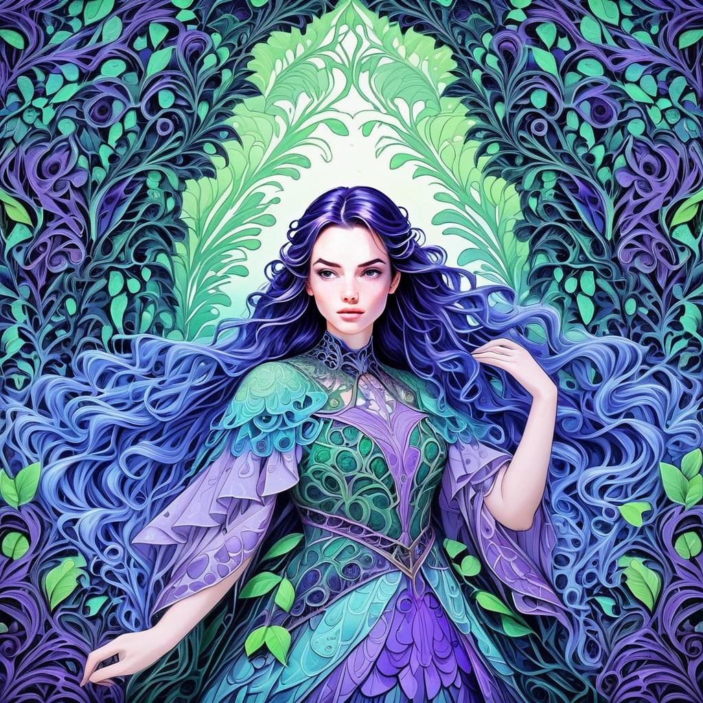 Fantasy Woman with Blue and Purple Hair in Lush Background Fantasy Woman with Blue and Purple Hair in Lush Background