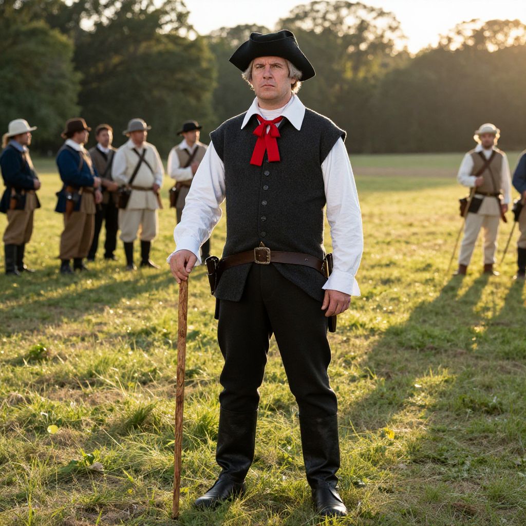Colonial Man with Walking Stick and Group Reenactment in Field