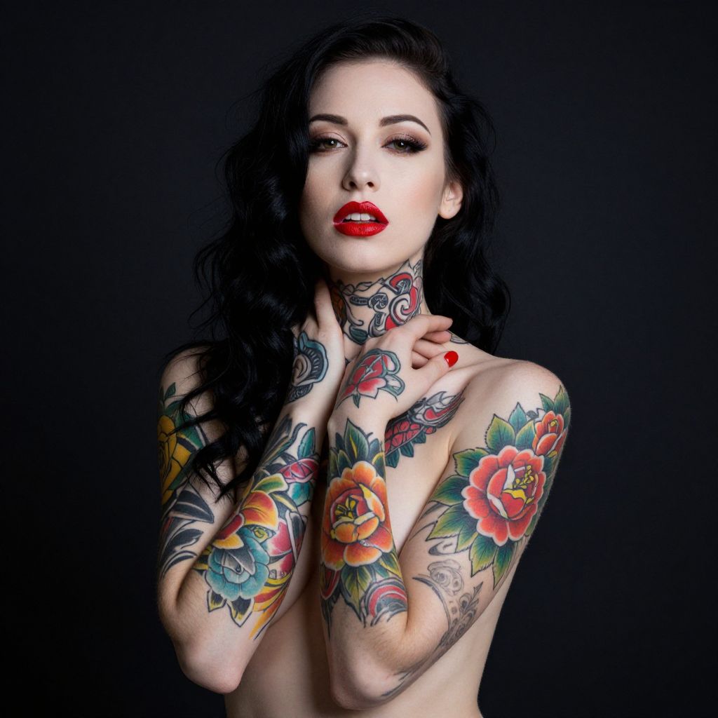 Tattooed Woman with Vibrant Floral Ink and Red Makeup on Black Background