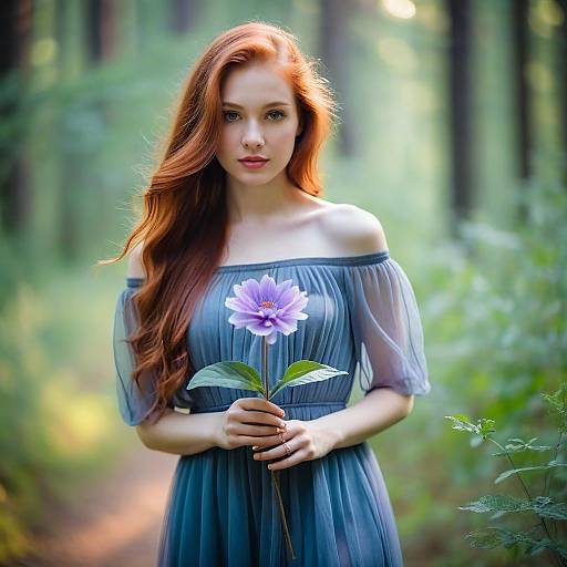 Red-Haired Woman Holding Purple Flower in Forest Pathway