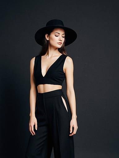 Minimalist Chic Woman in Black Sleeveless Top with Deep V Neckline and Wide-Brim Hat