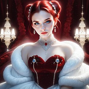 Elegant woman in red gown with updo against ornate backdrop