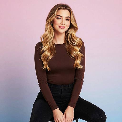 Young Woman with Wavy Blonde Hair Wearing Brown Top Sitting Against Gradient Background