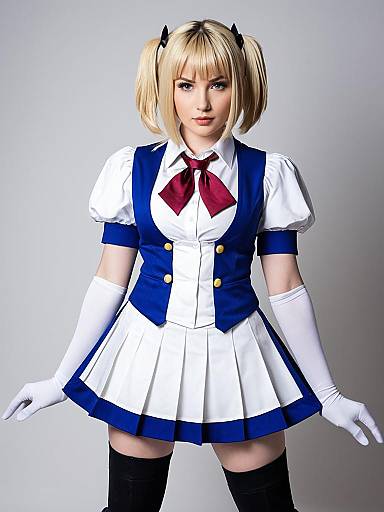 Woman in Aki Rosenthal Anime Schoolgirl Cosplay Costume