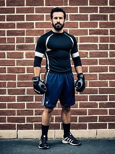 Focused Man in Sport Costume with Fingerless Gloves and Athletic Shorts
