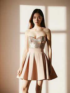 Woman in Contemporary Strapless Sequined Bodice Party Dress with Pleated Skirt