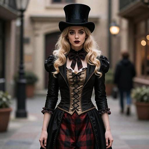 Victorian Gothic Woman in Top Hat and Corset Costume with Plaid Skirt