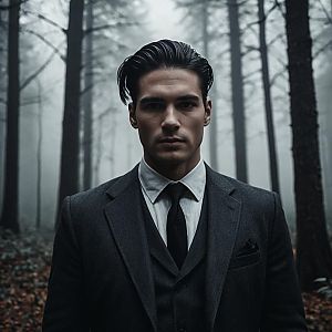 Confident Man in Dark Suit in Misty Forest
