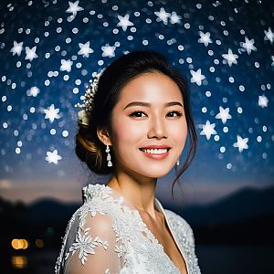 Elegant Woman in White Lace Dress Against Starry Night