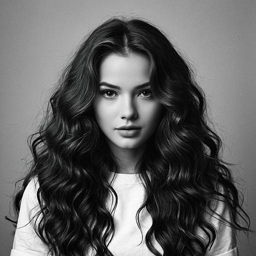 Black and White Portrait of Young Woman with Long Wavy Hair