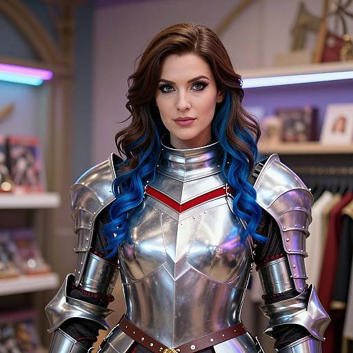 Woman in Medieval Silver Armor with Blue Hair Highlights
