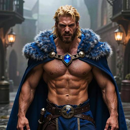 Muscular Blonde Warrior Man in Blue Fur-Trimmed Cape with Blue Gemstone