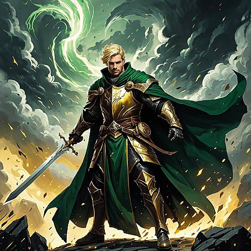 Epic Fantasy Warrior in Golden Armor with Green Cape Holding Sword