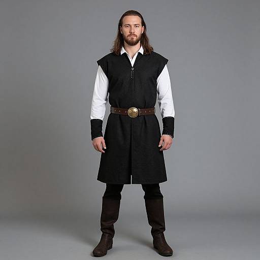 Medieval Man in Black Tunic Costume with Leather Belt and Boots