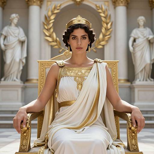 Regal Woman in White and Gold Greco-Roman Dress Sitting on Golden Throne