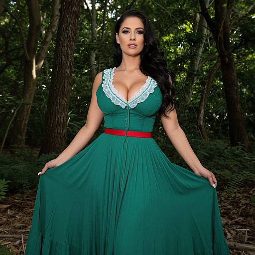 Woman in Vintage Green Dress with Red Belt in Forest