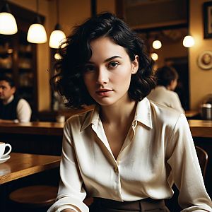Young Woman in Silk Blouse Sitting in Cozy Cafe with Warm Lighting