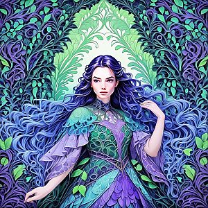 Fantasy Woman with Blue and Purple Hair in Lush Background