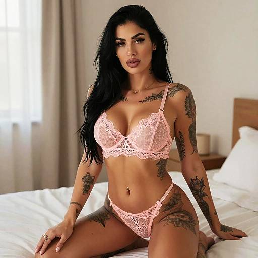 Woman in Pink Lace Lingerie with Tattoos Posing on Bed