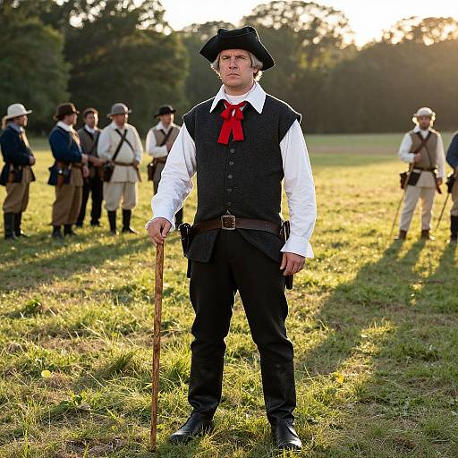 Colonial Man with Walking Stick and Group Reenactment in Field