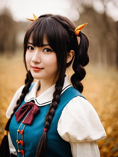 Portrait of Young Woman in Vintage Style Outfit with Braided Hair Outdoors