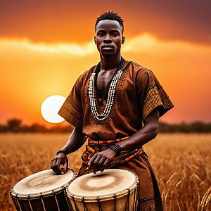 Young Man in Traditional African Attire Playing Drums at Sunset