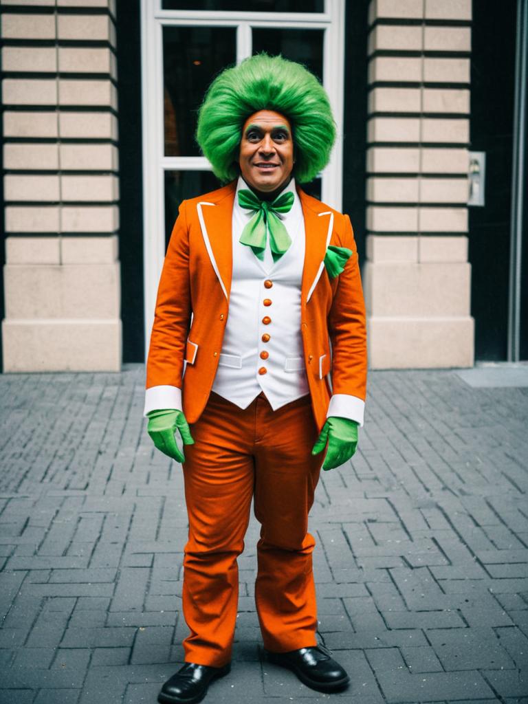 Man in Colorful Oompa Loompa Costume with Green Wig and Orange Suit Man in Colorful Oompa Loompa Costume with Green Wig and Orange Suit
