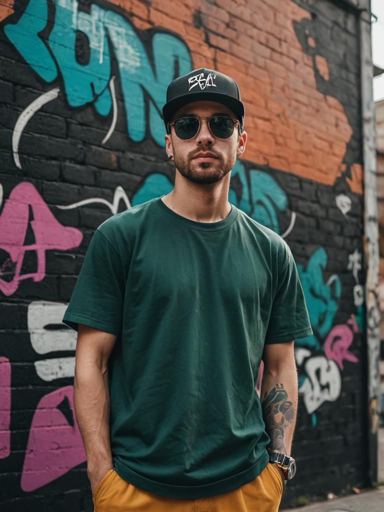 Stylish man in front of graffiti wall