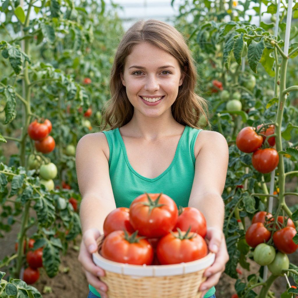 Woman Holding Basket of Fresh Ripe Tomatoes in Garden