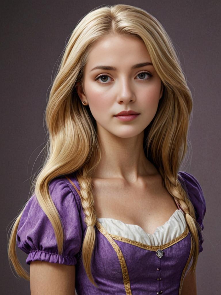 Woman Styled as Disney's Rapunzel in Purple Dress