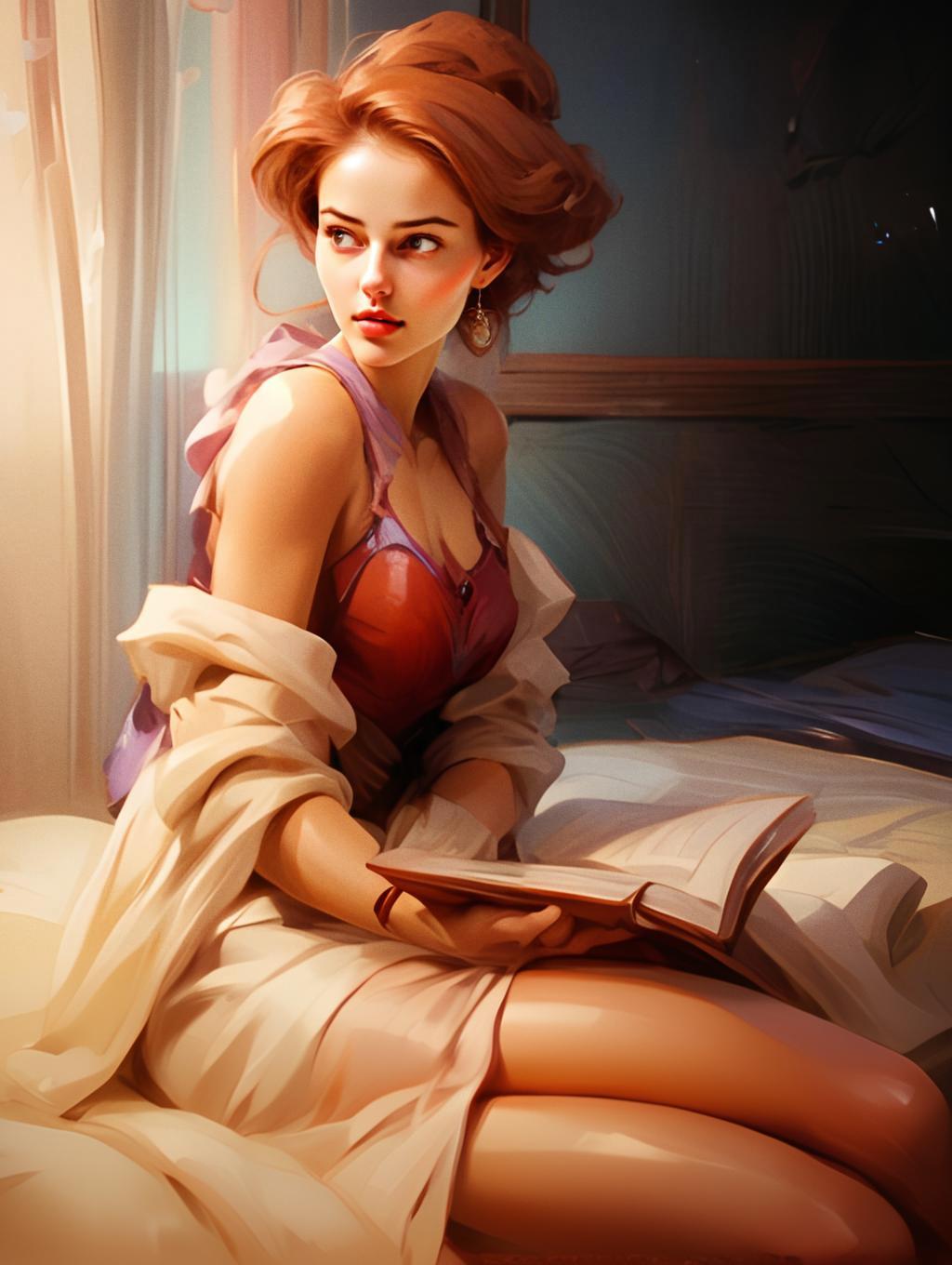 Auburn-Haired Woman Reading on Bed - Digital Art Portrait