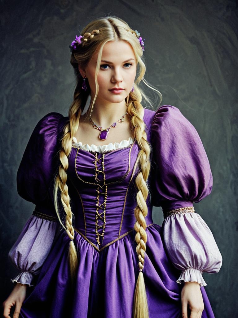 Woman in Purple Renaissance Dress with Long Blonde Braids Styled as Rapunzel