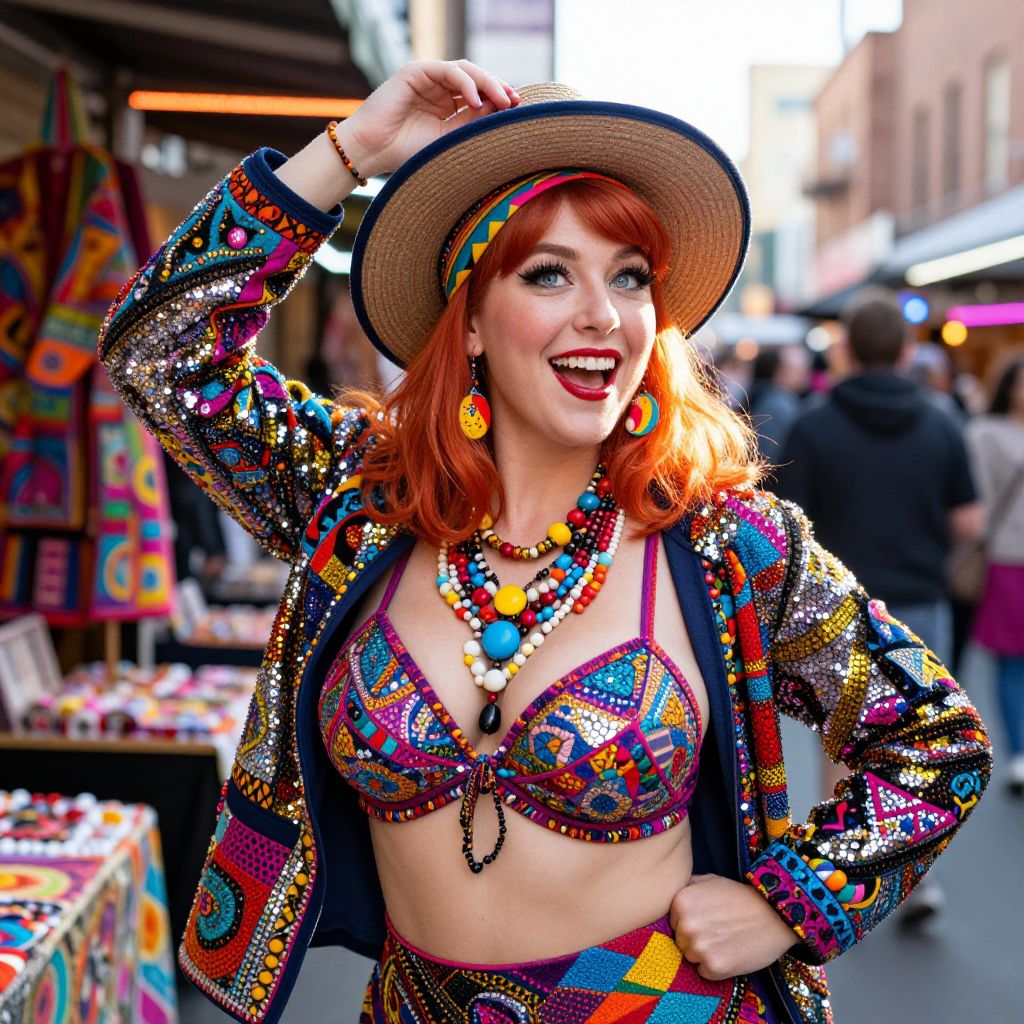 Colorful Bohemian Woman in Patterned Outfit at Outdoor Market