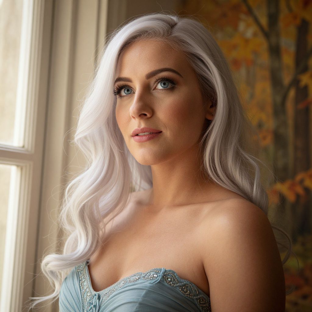 Portrait of Woman with Platinum Blonde Hair in Elegant Blue Dress by Window