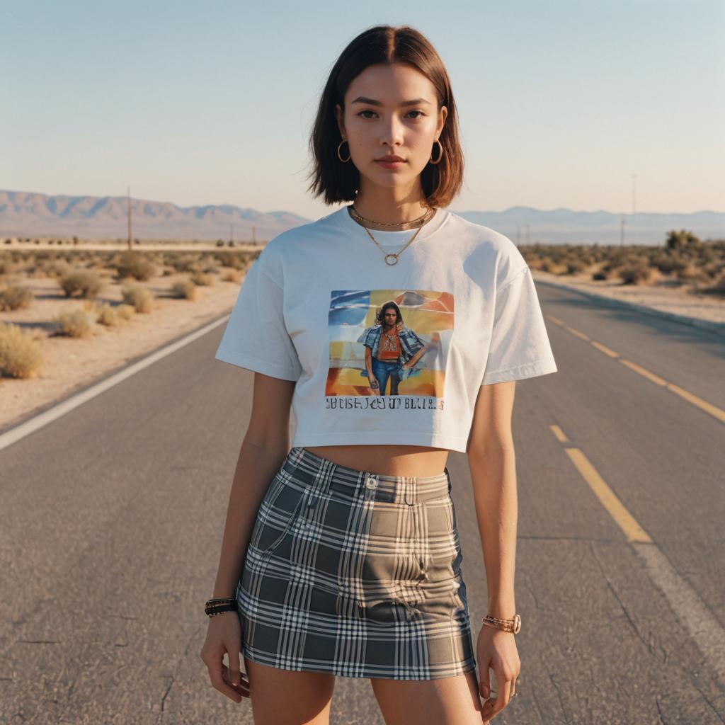 Young Woman in Cropped Graphic T-Shirt and Plaid Skirt on Desert Road