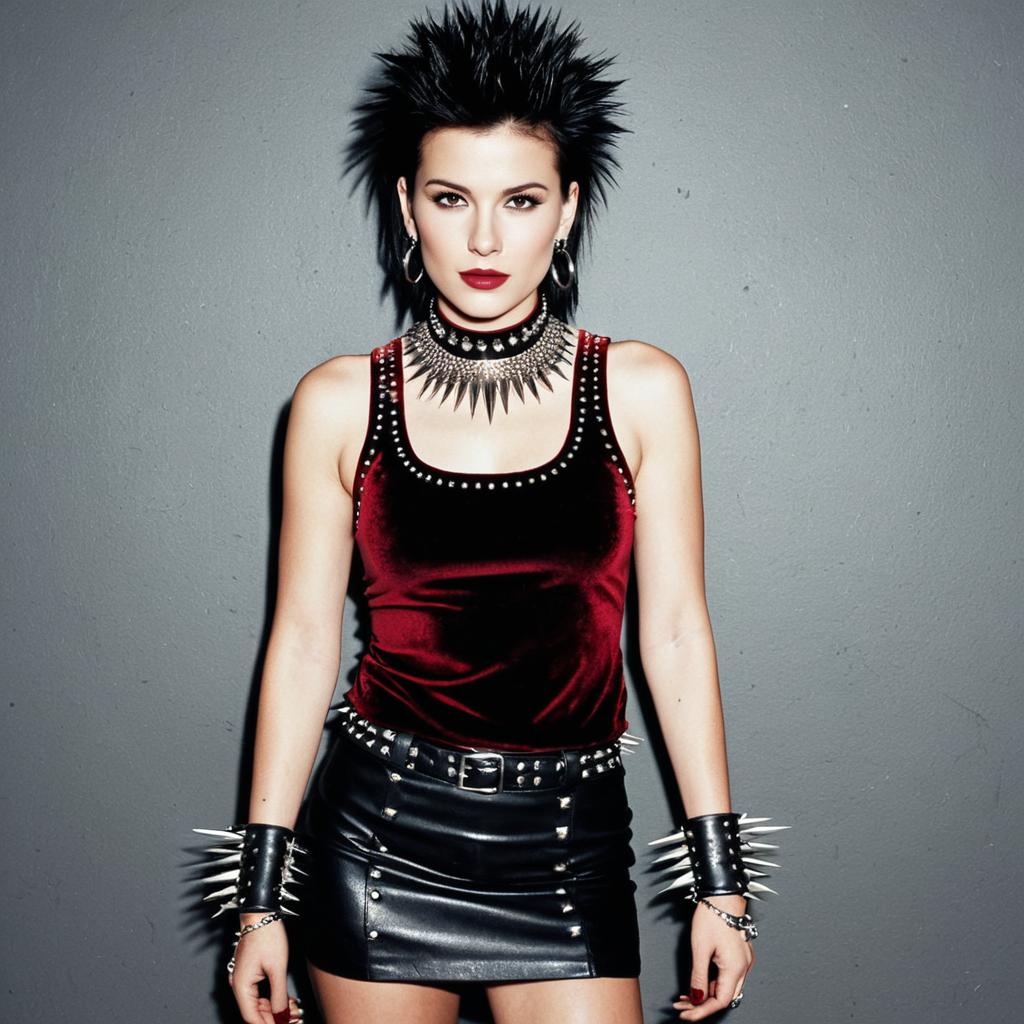 Punk Fashion Woman in Spiked Accessories and Leather Mini Skirt
