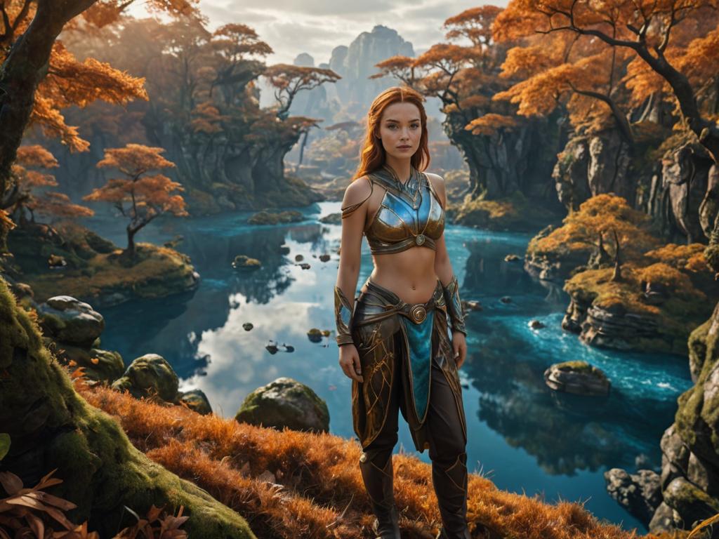 Woman in Fantasy Armor in Lush Autumn Landscape