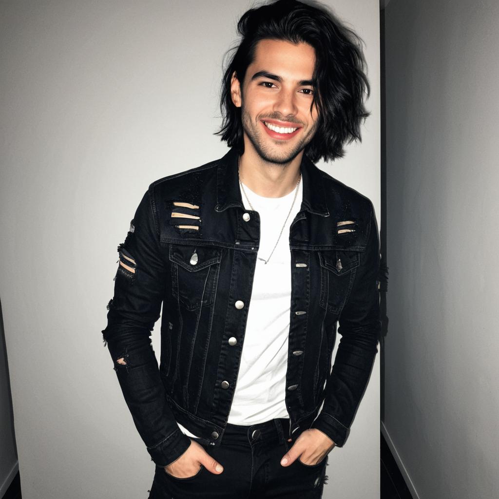 Smiling Young Man in Distressed Black Denim Jacket Casual Style
