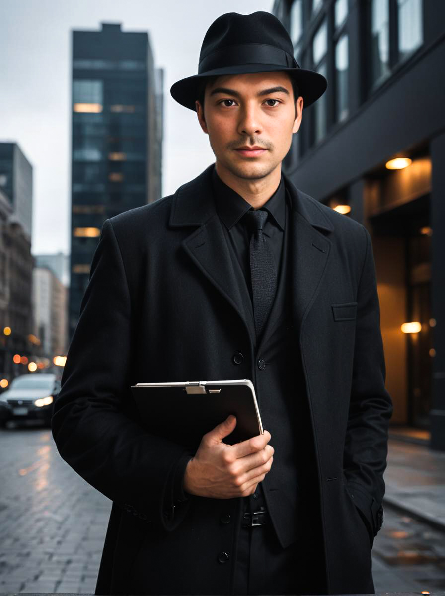 Stylish man in black coat and fedora on city street