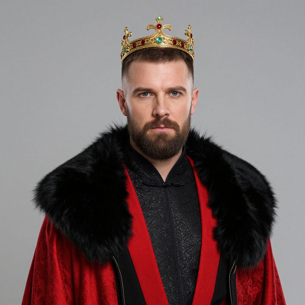 Portrait of Man Wearing Royal Red Robe and Gold Crown