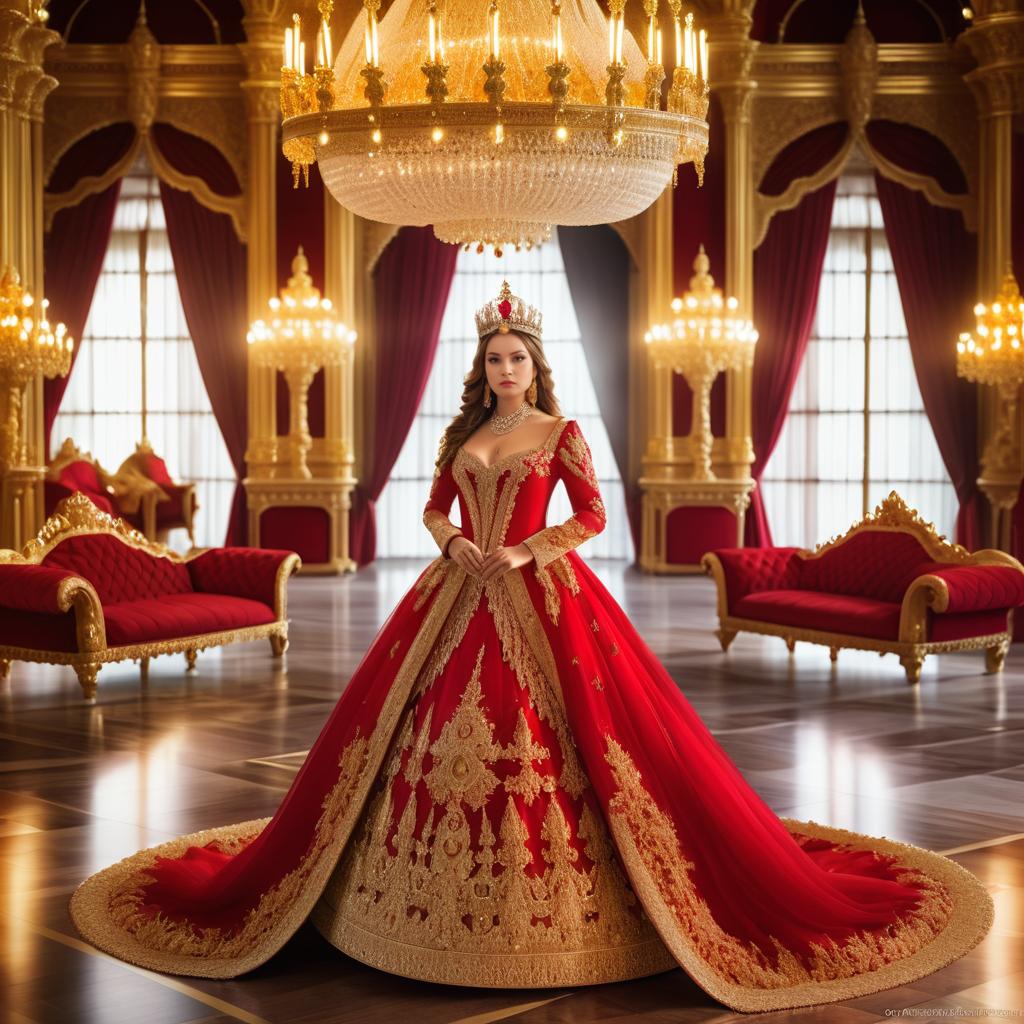 Regal Woman in Red Gown - Elegant Palace Interior