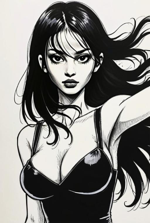 Manga Style Illustration of Woman with Flowing Hair in Black and White