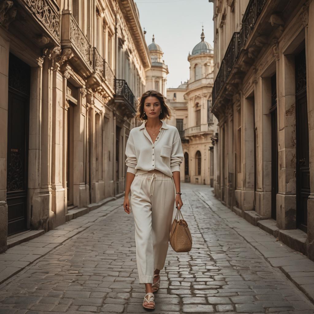 Stylish Woman Walking on Historic Cobblestone Street in Neutral Outfit